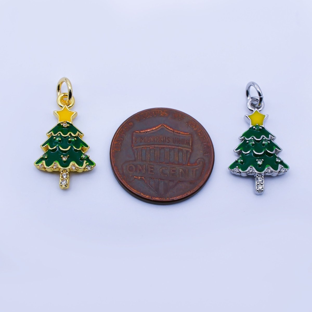 24K Gold Filled Clear CZ Green Enamel Christmas Tree Charm in Gold & Silver | C938 - DLUXCA