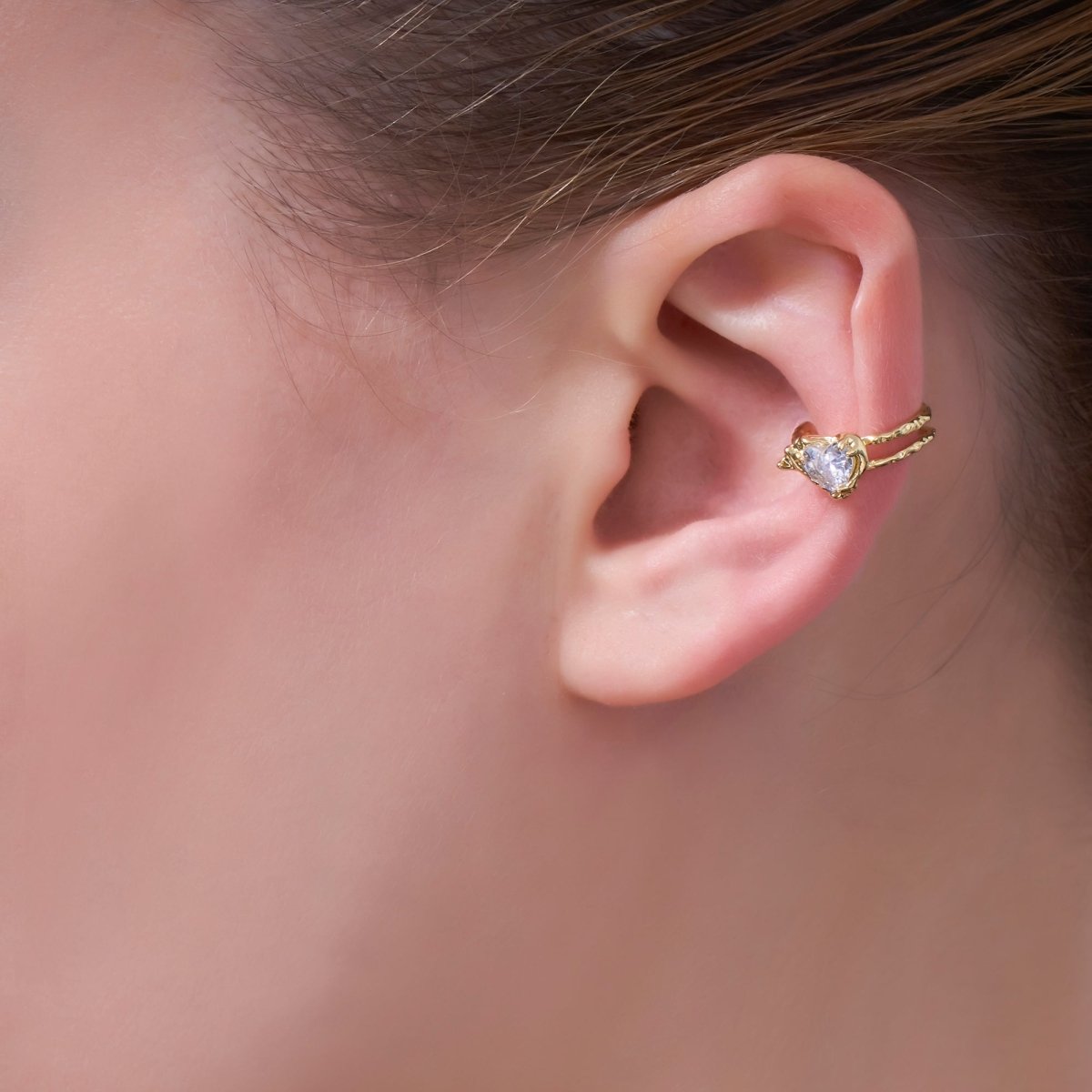 24K Gold Filled Clear CZ Heart Molten Hammered Ear Cuff Earrings | AI052 - DLUXCA