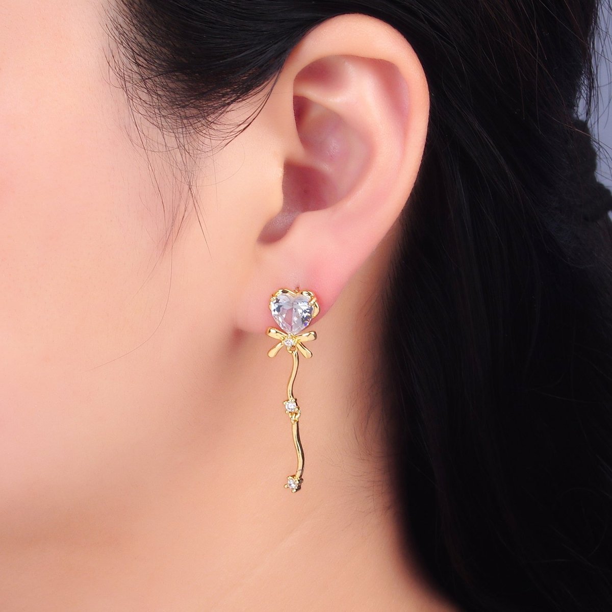 24K Gold Filled Clear CZ Heart Ribbon Bow Drop Earrings | AB1034 - DLUXCA