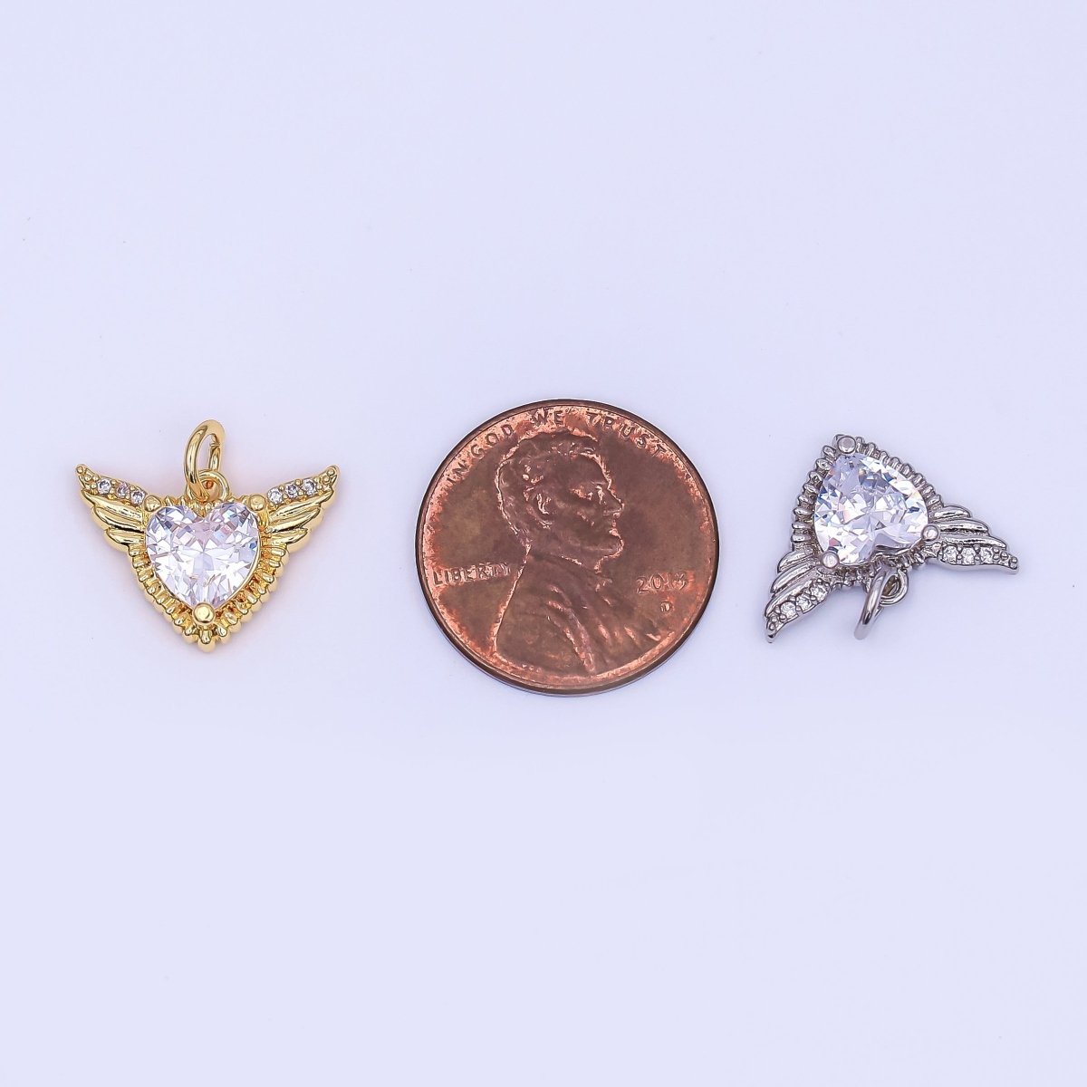24K Gold Filled Clear CZ Heart Wings Charm in Gold & Silver | AF435 - DLUXCA