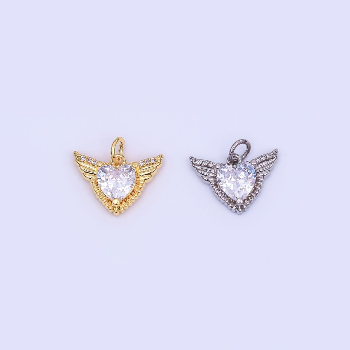 24K Gold Filled Clear CZ Heart Wings Charm in Gold & Silver | AF435 - DLUXCA
