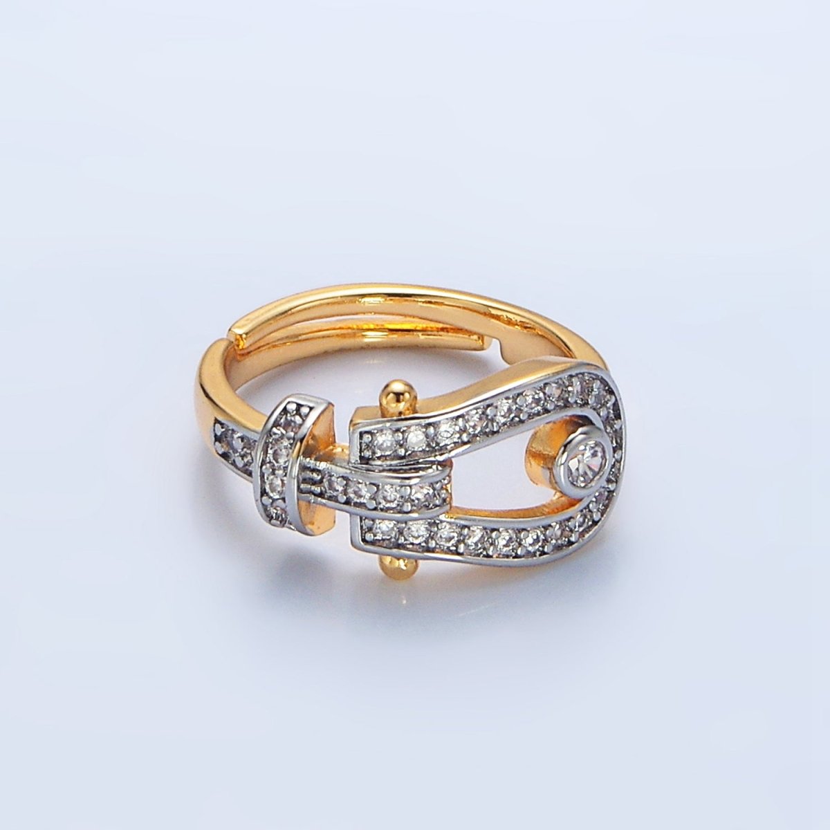24K Gold Filled Clear CZ Micro Paved Buckle Mixed Metal Ring | O1410 - DLUXCA