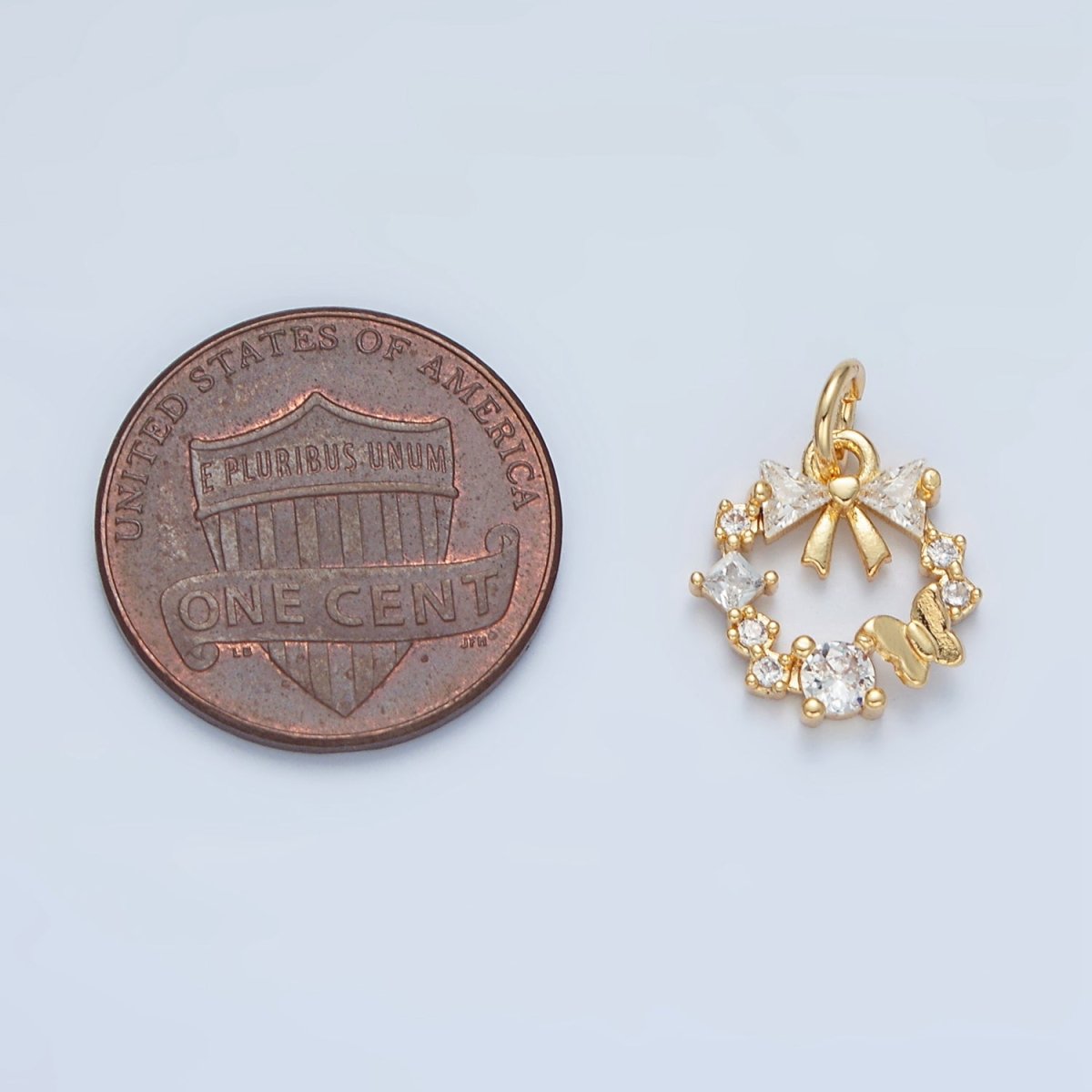 24k Gold Filled Clear CZ Micro Paved Butterfly Ribbon Bow Round Circle Charm | X - 456 - DLUXCA