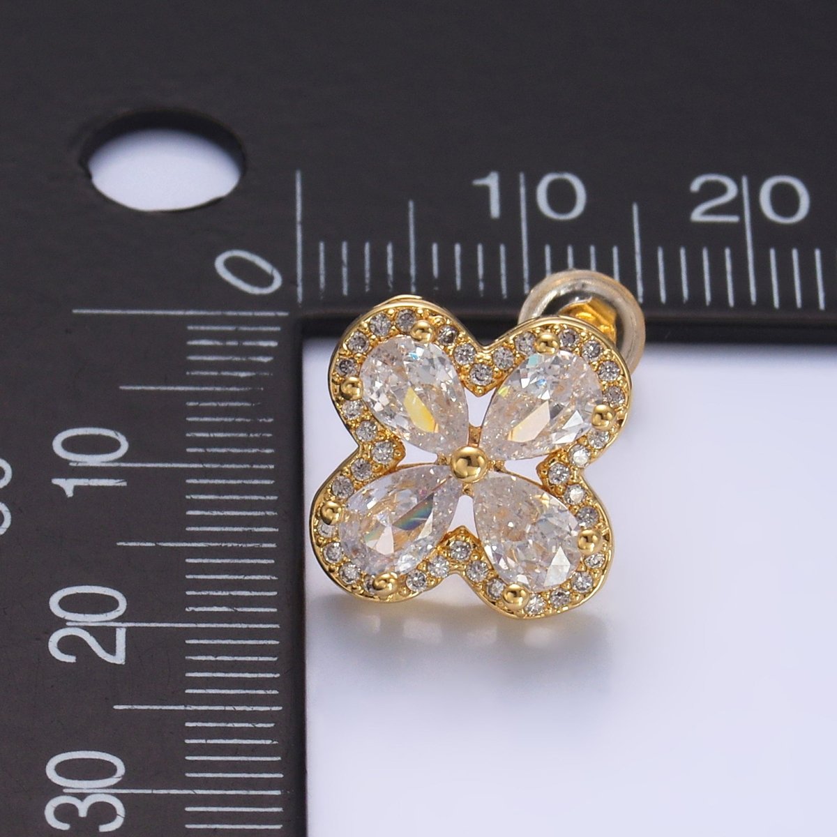 24K Gold Filled Clear CZ Micro Paved CZ Quatrefoil Stud Earrings in Gold & Silver | AB688 AB689 - DLUXCA