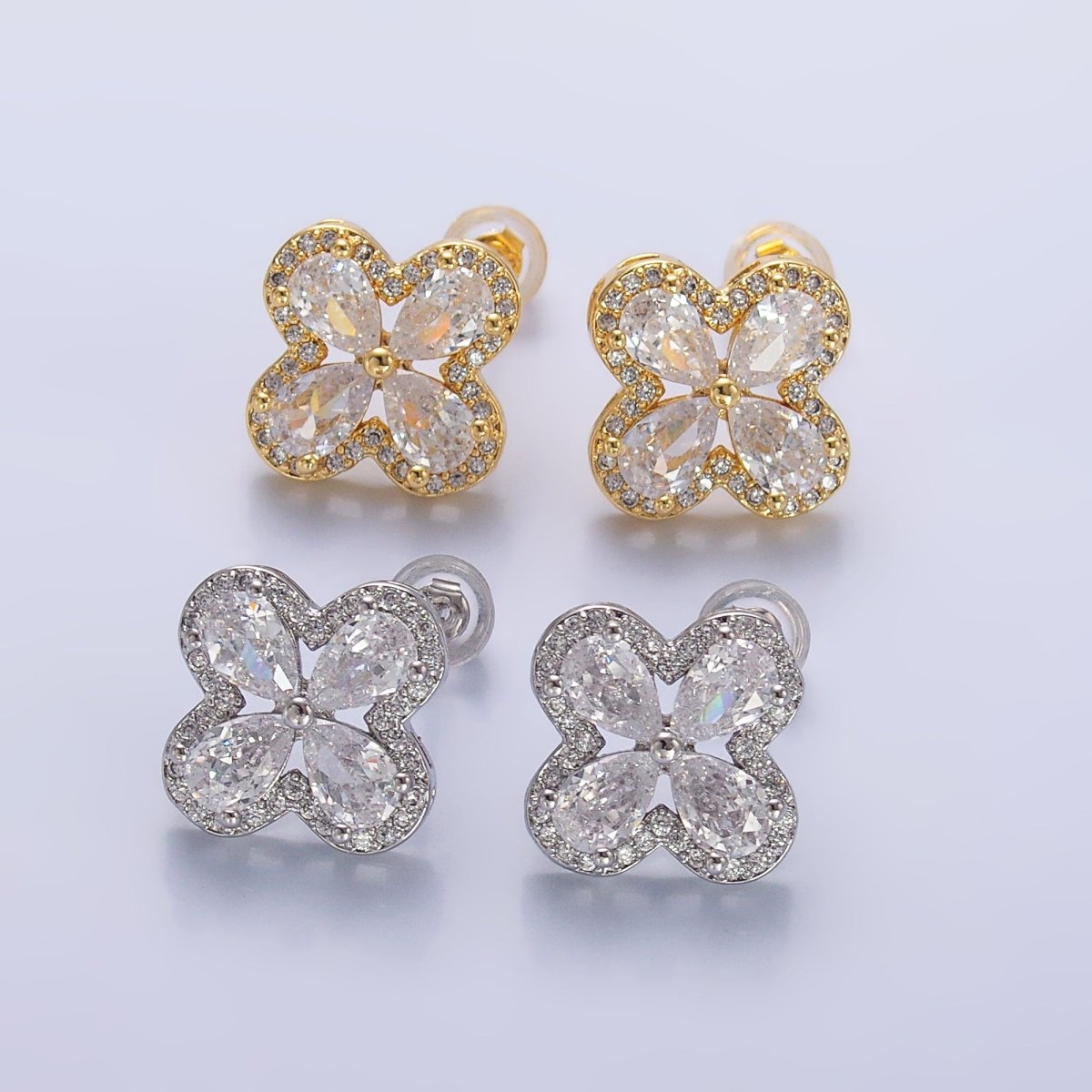 24K Gold Filled Clear CZ Micro Paved CZ Quatrefoil Stud Earrings in Gold & Silver | AB688 AB689 - DLUXCA