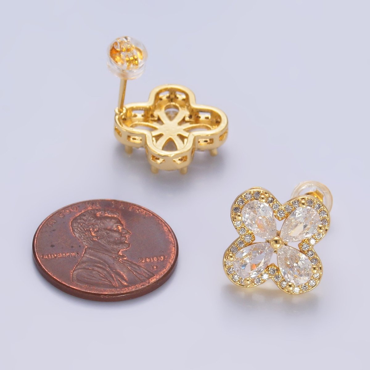 24K Gold Filled Clear CZ Micro Paved CZ Quatrefoil Stud Earrings in Gold & Silver | AB688 AB689 - DLUXCA