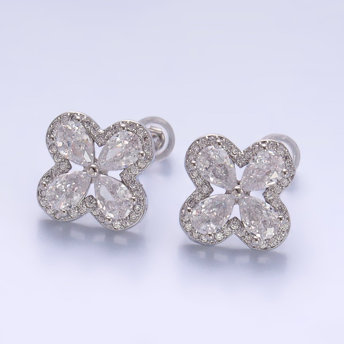 24K Gold Filled Clear CZ Micro Paved CZ Quatrefoil Stud Earrings in Gold & Silver | AB688 AB689 - DLUXCA