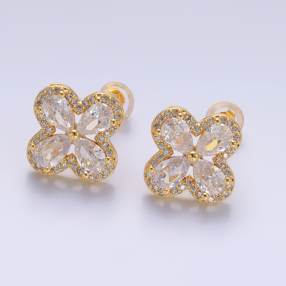 24K Gold Filled Clear CZ Micro Paved CZ Quatrefoil Stud Earrings in Gold & Silver | AB688 AB689 - DLUXCA