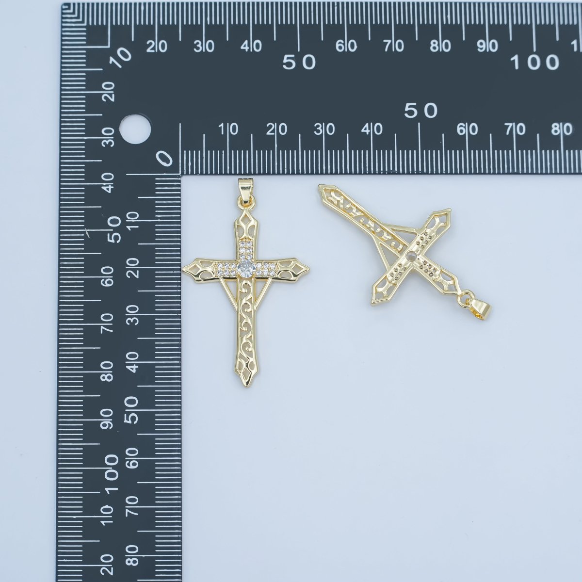 24K Gold Filled Clear CZ Micro Paved Geometric Filigree Cross Pendant | AA1505 - DLUXCA