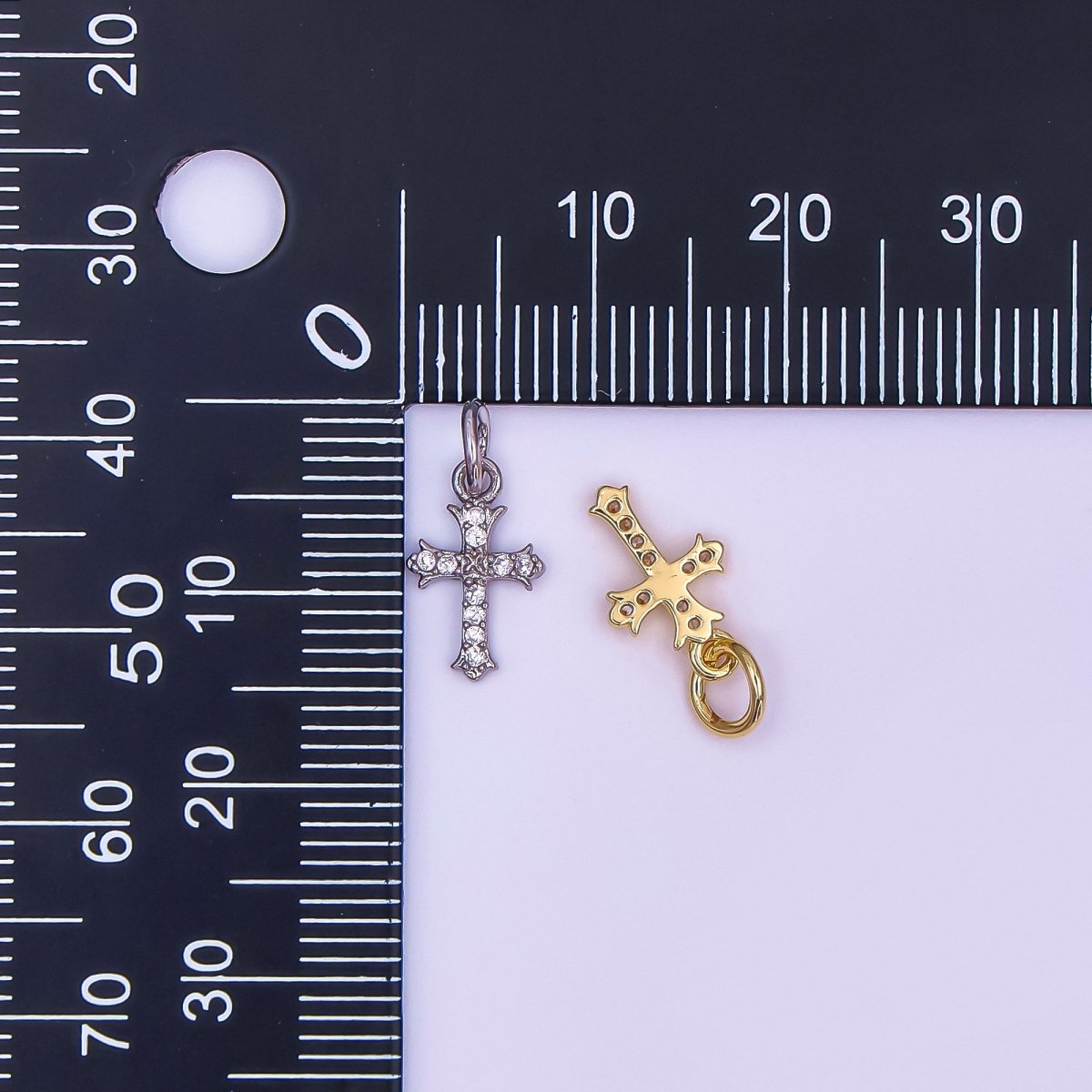 24K Gold Filled Clear CZ Micro Paved Passion Cross Mini Charm in Gold & Silver | AF431 - DLUXCA