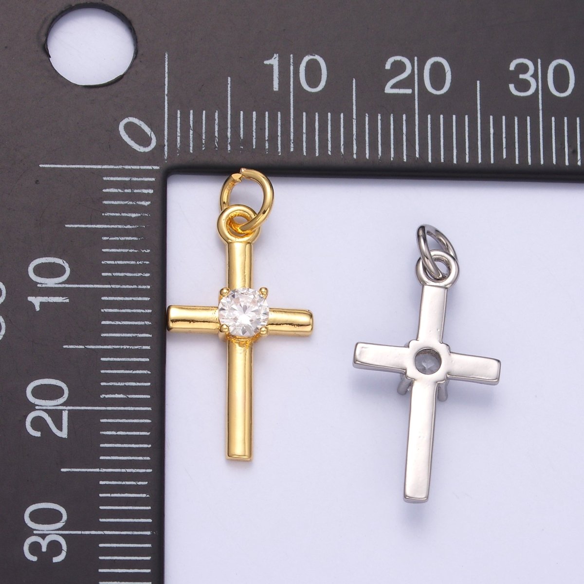 24K Gold Filled Clear CZ Minimalist Cross Charm in Gold & Silver | C056 - DLUXCA