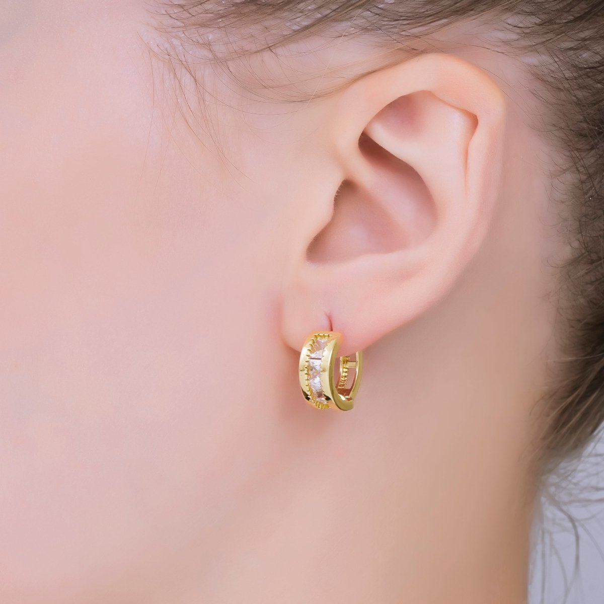 24K Gold Filled Clear CZ Modern Lever back Huggie Earrings | AJ - 055 - DLUXCA