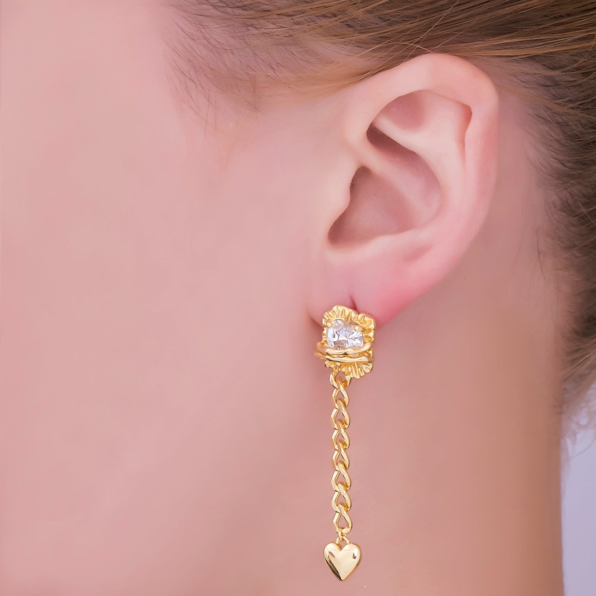 24K Gold Filled Clear CZ Molten Curb Chain Heart Drop Stud Earrings | AI508 - DLUXCA