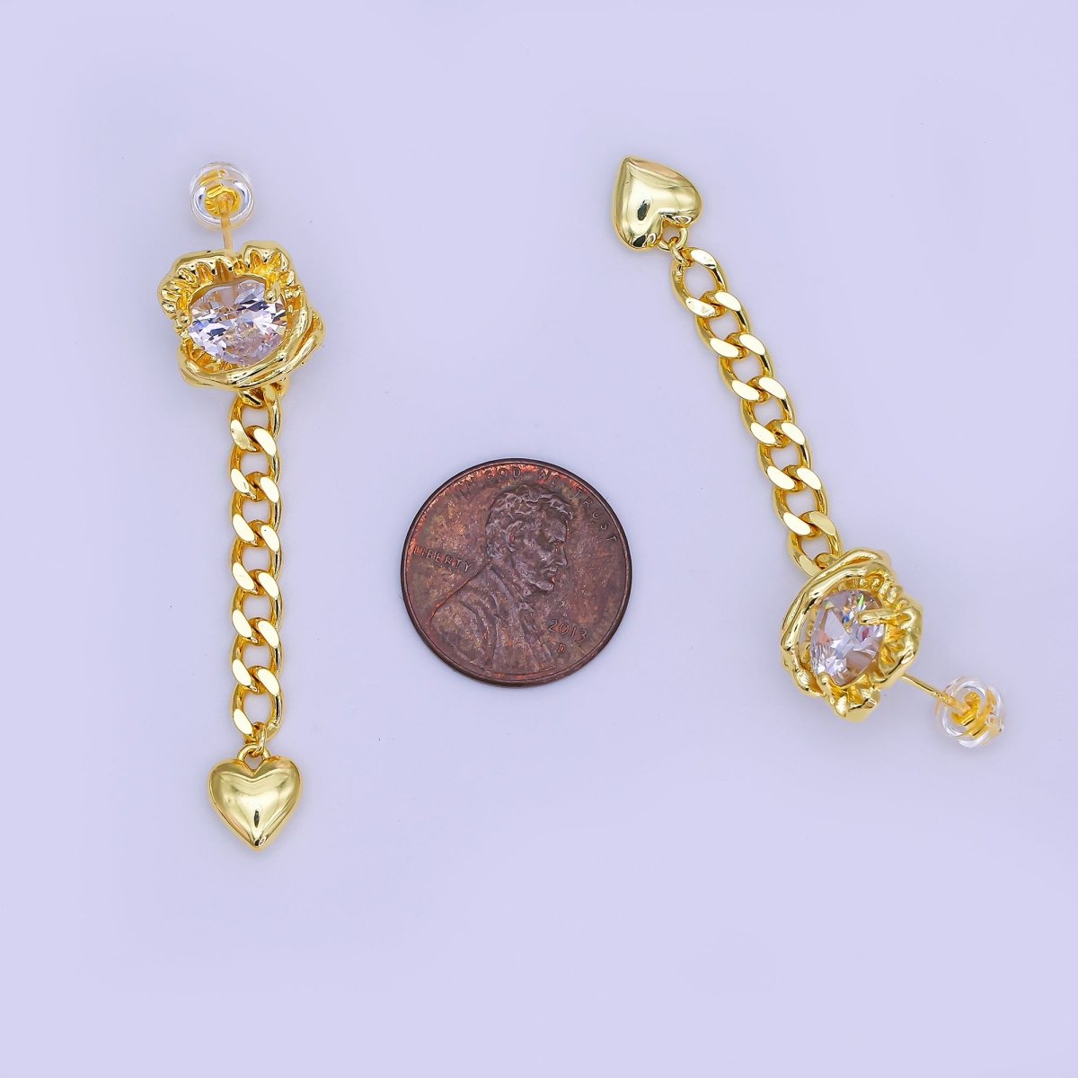 24K Gold Filled Clear CZ Molten Curb Chain Heart Drop Stud Earrings | AI508 - DLUXCA