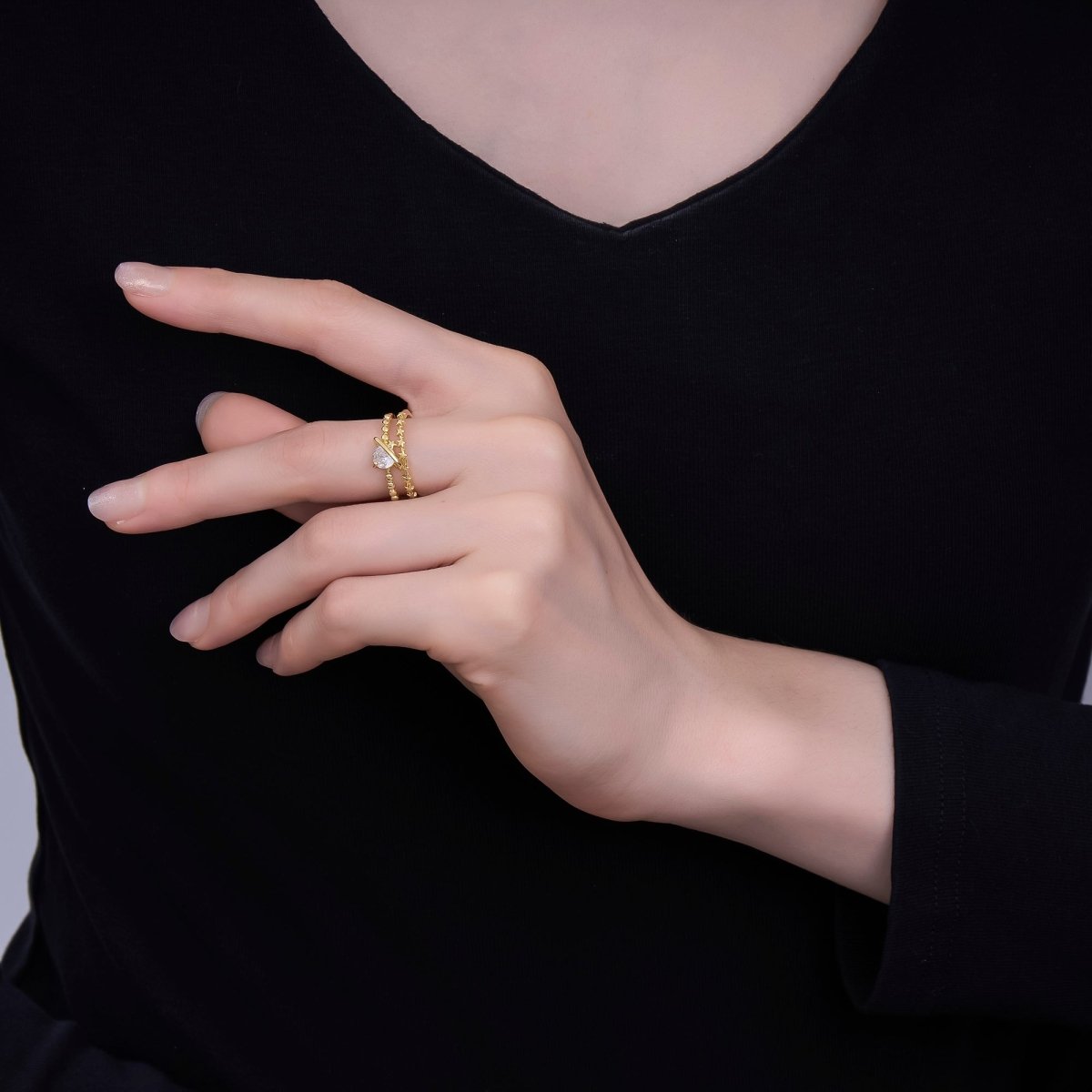 24K Gold Filled Clear CZ Molten Star Dotted Double Band Ring | O1054 - DLUXCA