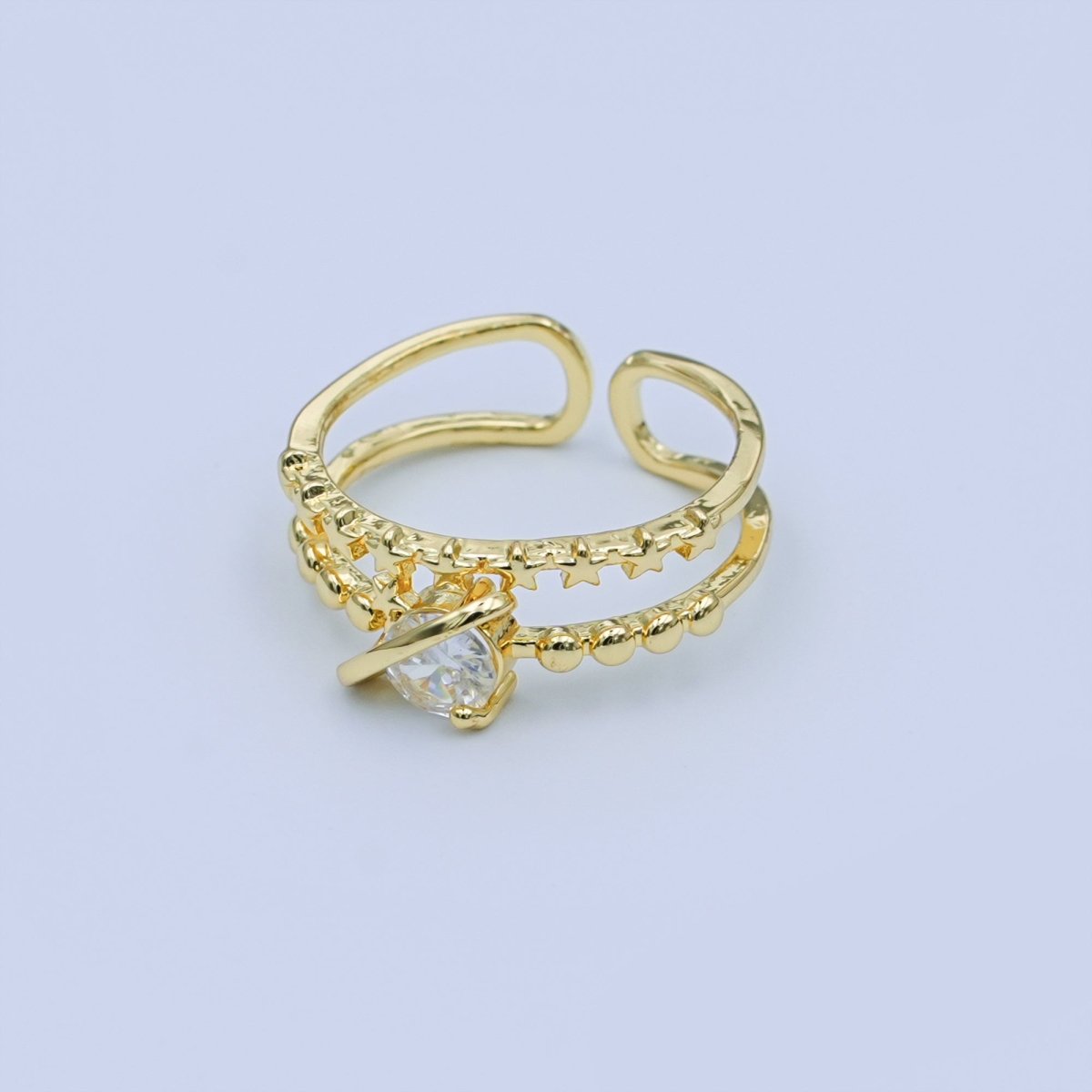 24K Gold Filled Clear CZ Molten Star Dotted Double Band Ring | O1054 - DLUXCA