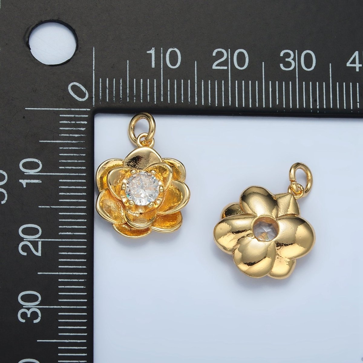 24K Gold Filled Clear CZ Multiple Curved Petal Flower Charm | E152 - DLUXCA