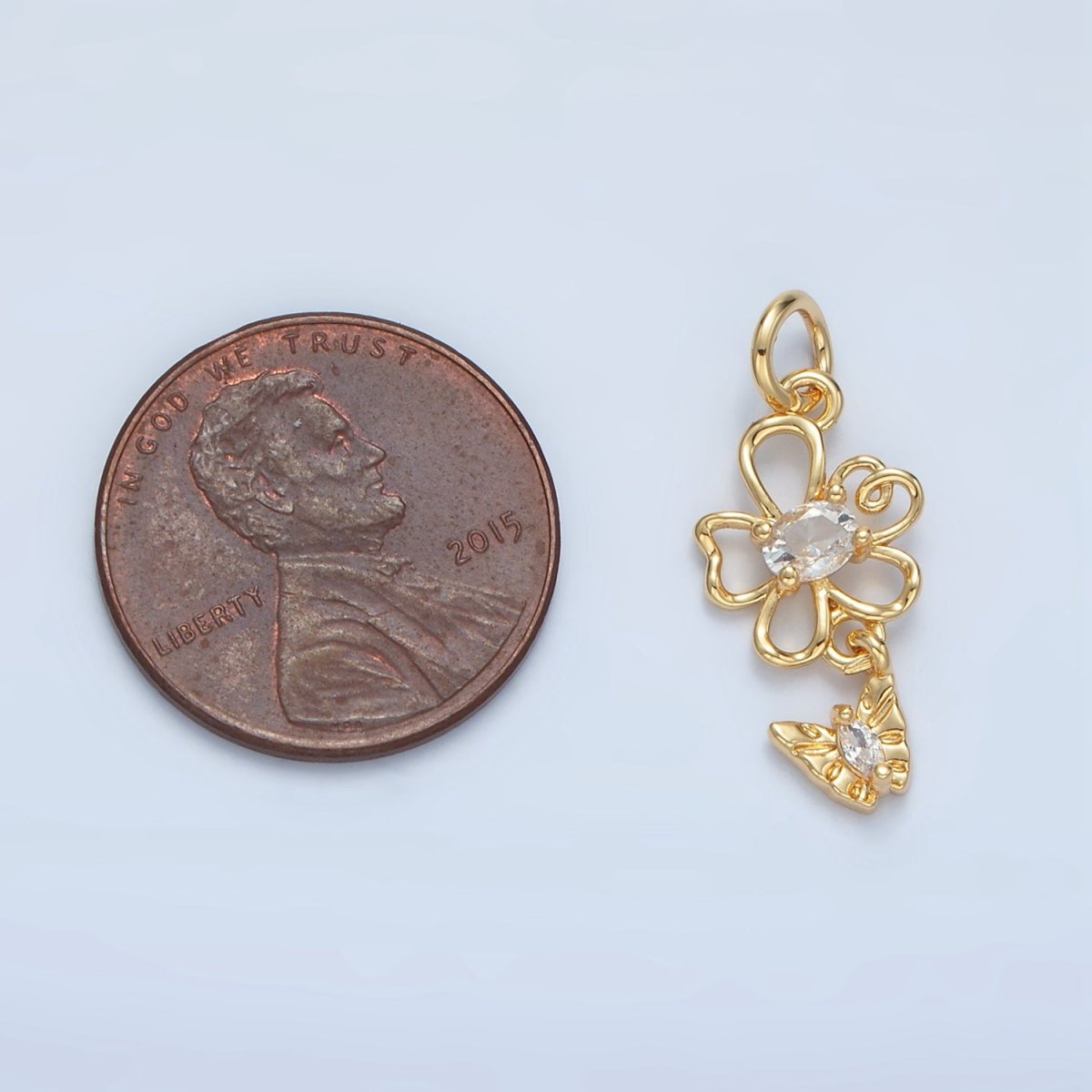 24K Gold Filled Clear CZ Open Flower Butterfly Drop Mini Charm | X299 - DLUXCA