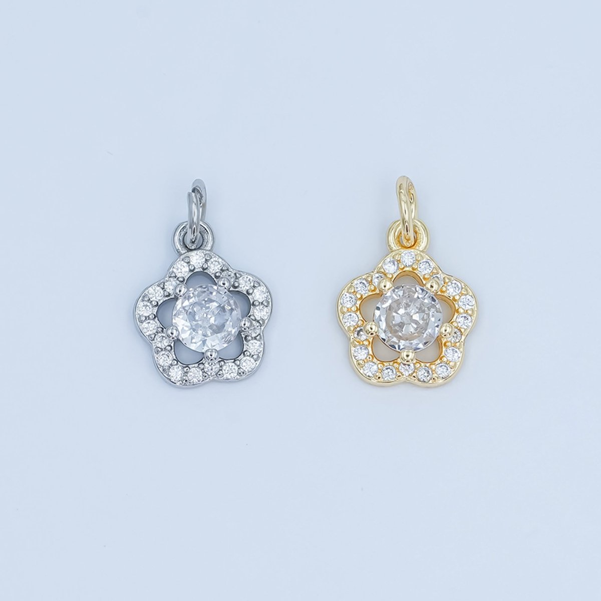 24K Gold Filled Clear CZ Open Flower Charm in Gold & Silver | C858 - DLUXCA