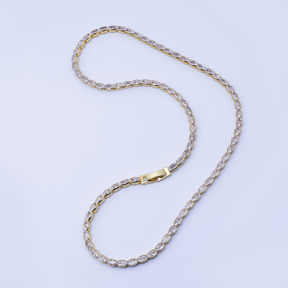 24K Gold Filled Clear CZ Oval Tennis Chain Necklace in Silver & Gold | WA - 3904 WA - 3905 - DLUXCA