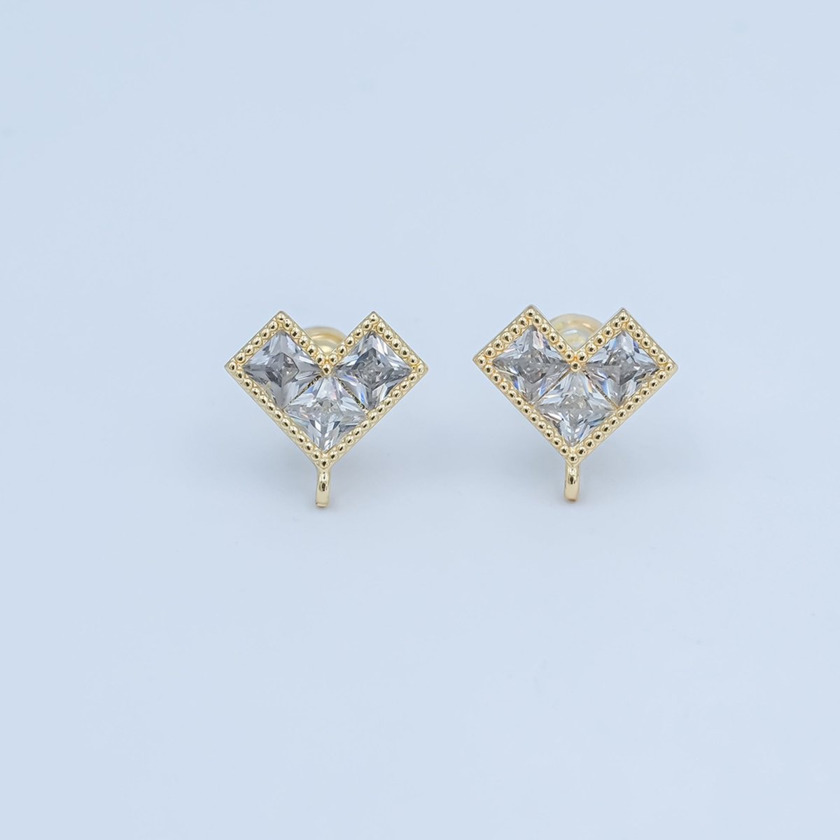 24K Gold Filled Clear CZ Pixelated Heart Drop Stud Earrings Findings | Z1115 - DLUXCA