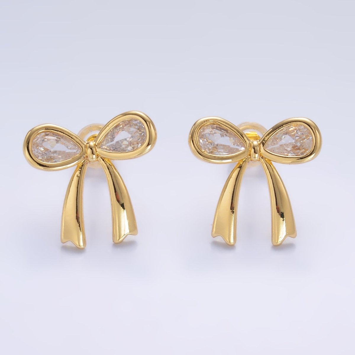 24K Gold Filled Clear CZ Ribbon Bow Stud Earrings | AB871 - DLUXCA