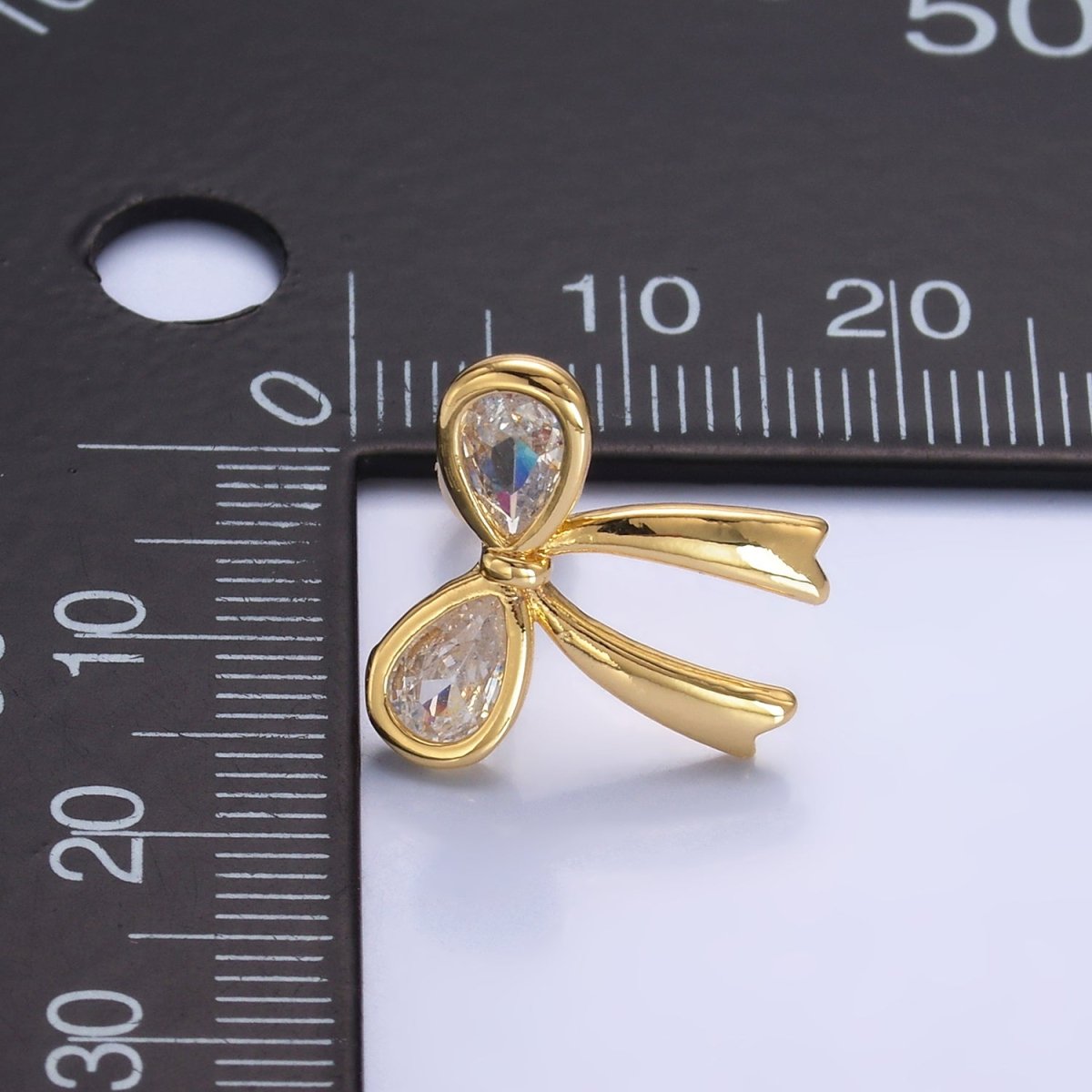 24K Gold Filled Clear CZ Ribbon Bow Stud Earrings | AB871 - DLUXCA