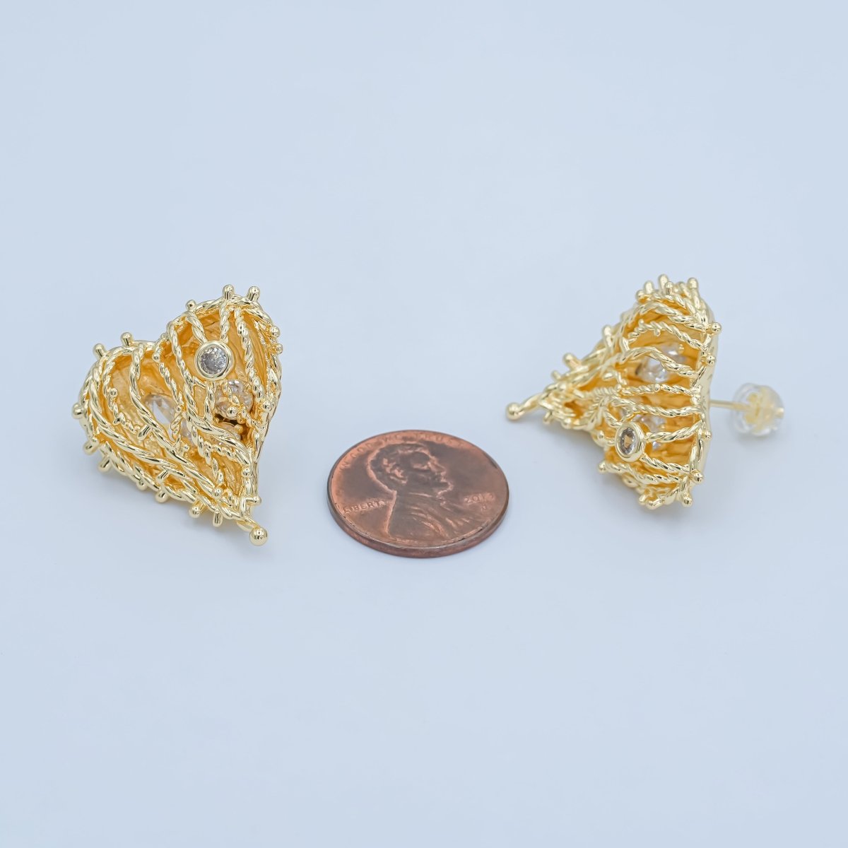 24K Gold Filled Clear CZ Rope Dome Heart Stud Earrings | AI428 - DLUXCA