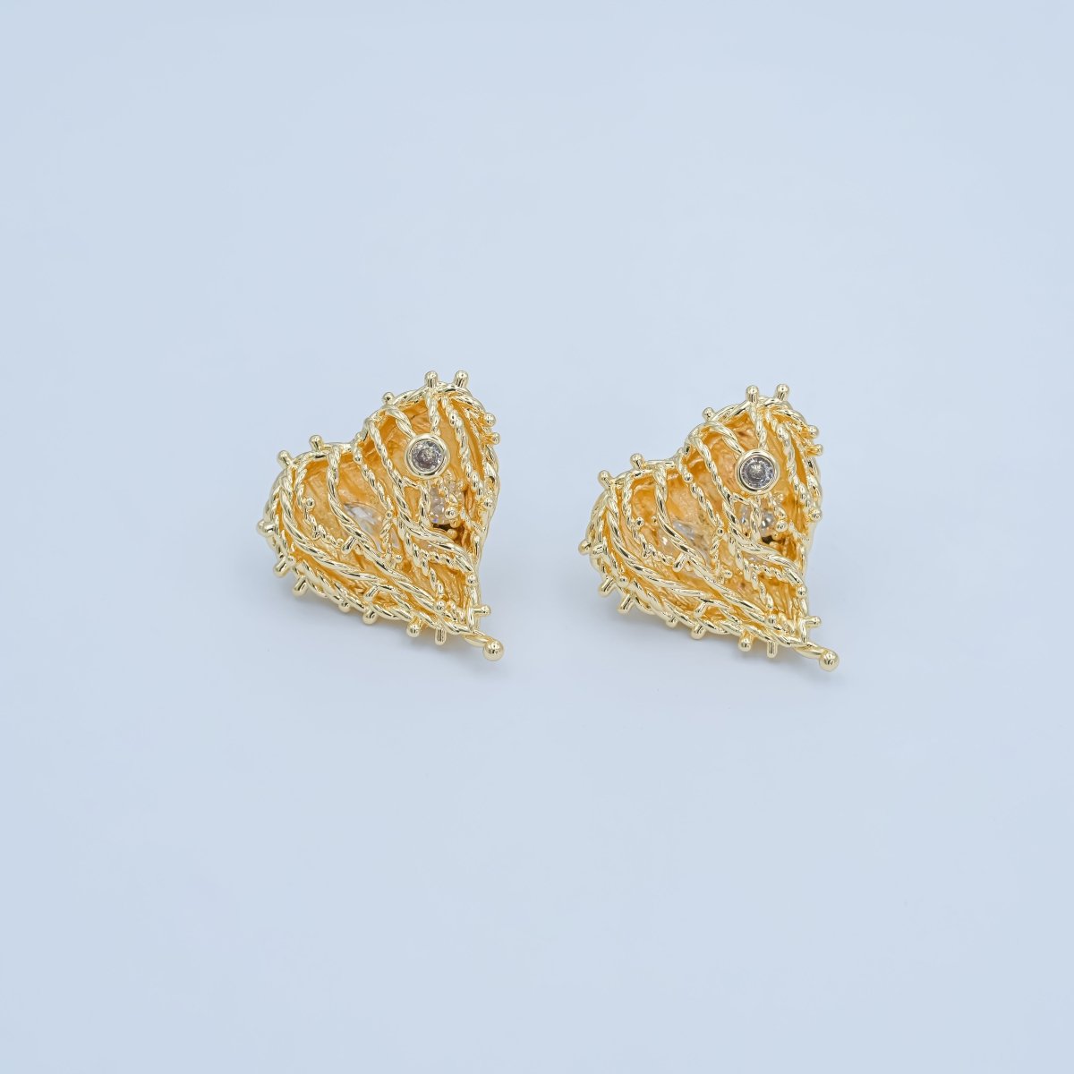 24K Gold Filled Clear CZ Rope Dome Heart Stud Earrings | AI428 - DLUXCA