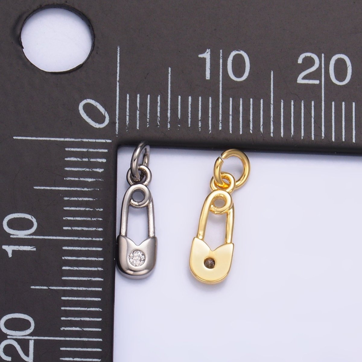 24K Gold Filled Clear CZ Safety Pin Mini Charm in Gold & Silver | W882 - DLUXCA