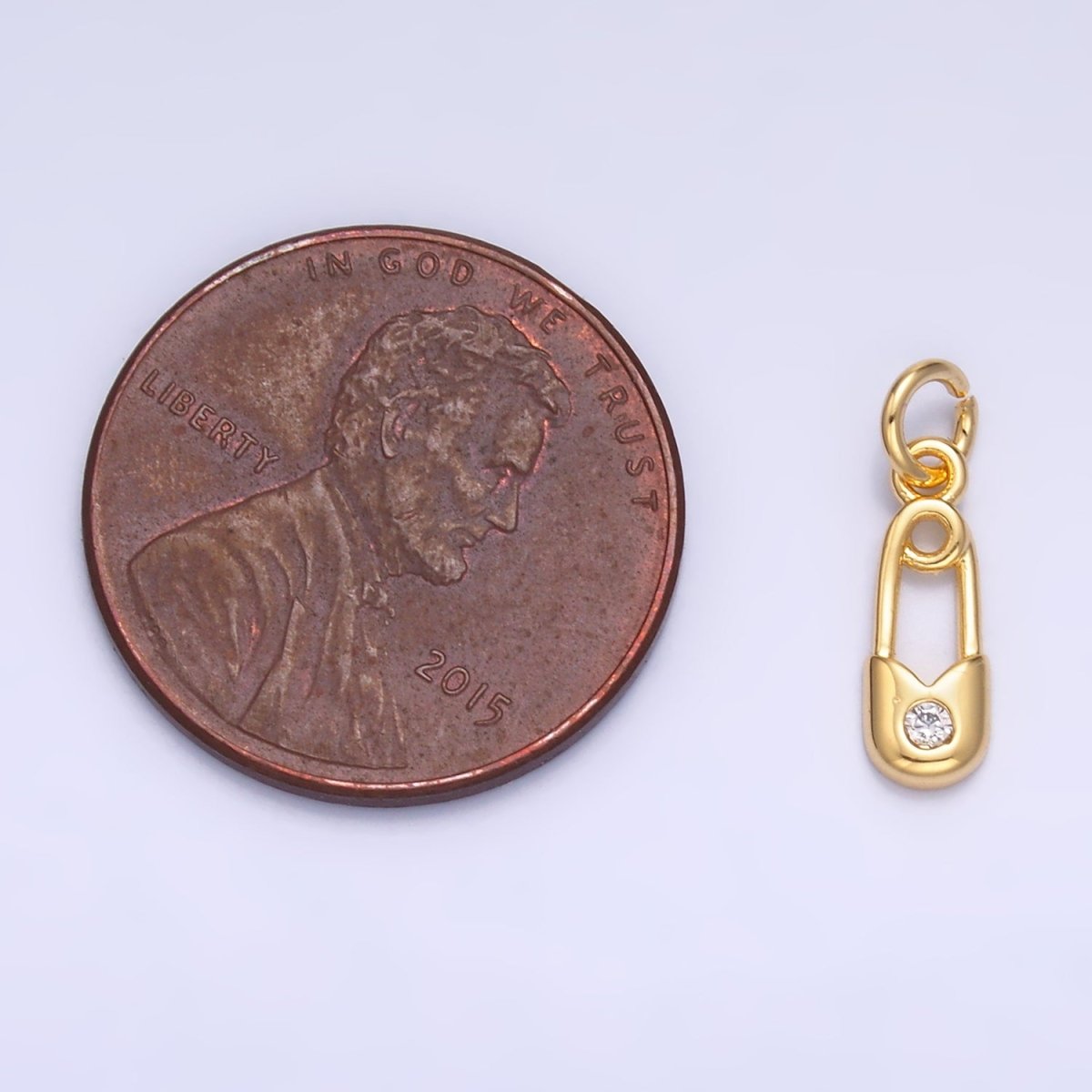 24K Gold Filled Clear CZ Safety Pin Mini Charm in Gold & Silver | W882 - DLUXCA