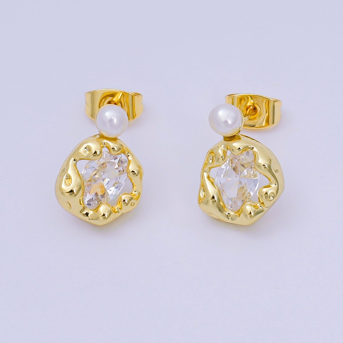 24K Gold Filled Clear CZ Shell Pearl Frost Ice Shard Flower - Shaped Stud Earrings | AJ - 108 - DLUXCA