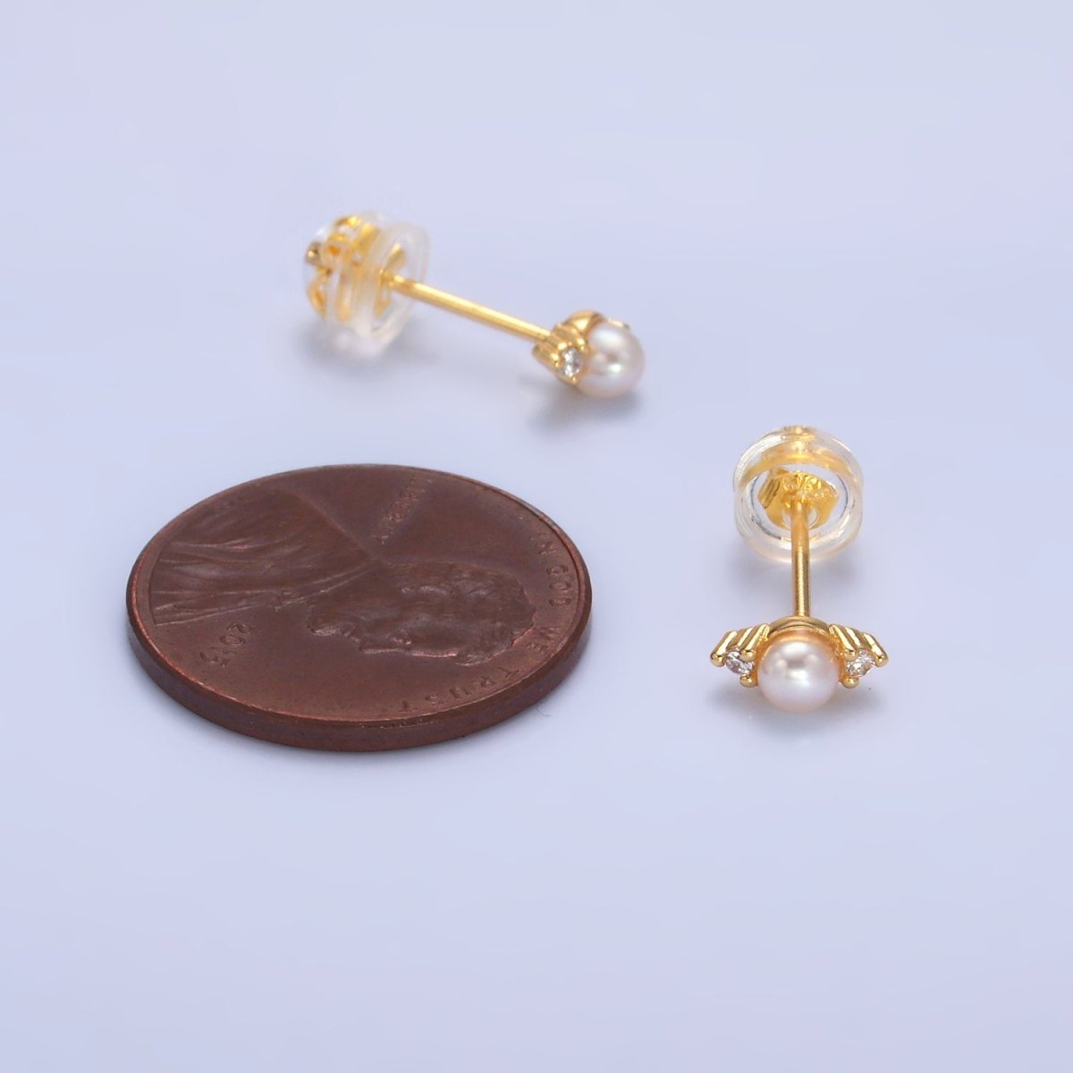 24K Gold Filled Clear CZ Shell Pearl Mini Stud Earrings | V081 - DLUXCA