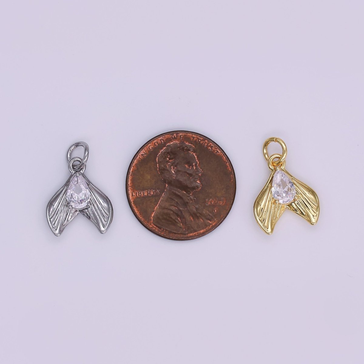 24K Gold Filled Clear CZ Teardrop Lined Fish Tail Charm in Gold & Silver | N858 - DLUXCA