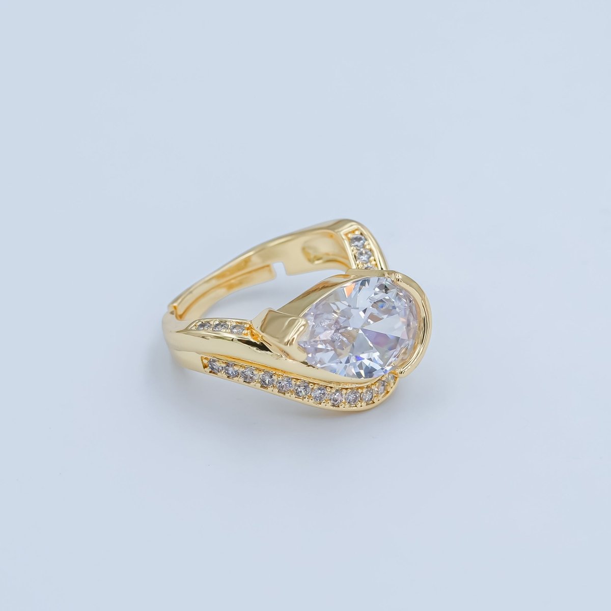 24K Gold Filled Clear CZ Teardrop Micro Paved Curved Ring | O625 - DLUXCA