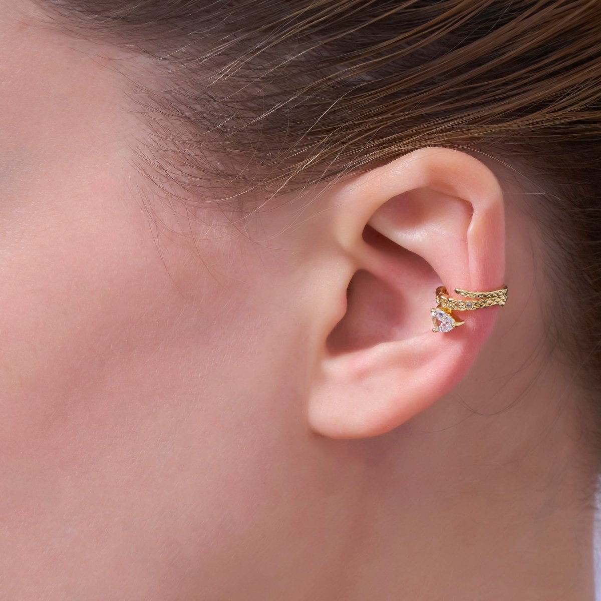 24K Gold Filled Clear CZ Teardrop Quilted Ear Cuff Earrings | AI129 - DLUXCA