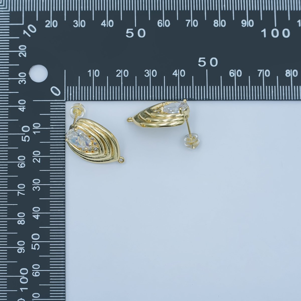 24K Gold Filled Clear CZ Teardrop Round Lined Drop Stud Earrings | Z1148 - DLUXCA