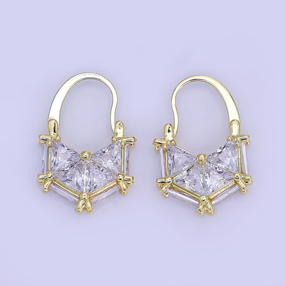 24K Gold Filled Clear CZ Triangle Baguette Latch Hoop Earrings | AI503 - DLUXCA