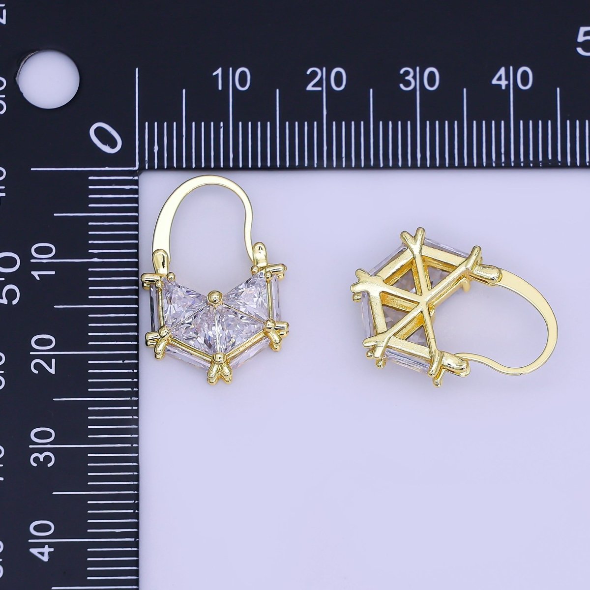 24K Gold Filled Clear CZ Triangle Baguette Latch Hoop Earrings | AI503 - DLUXCA