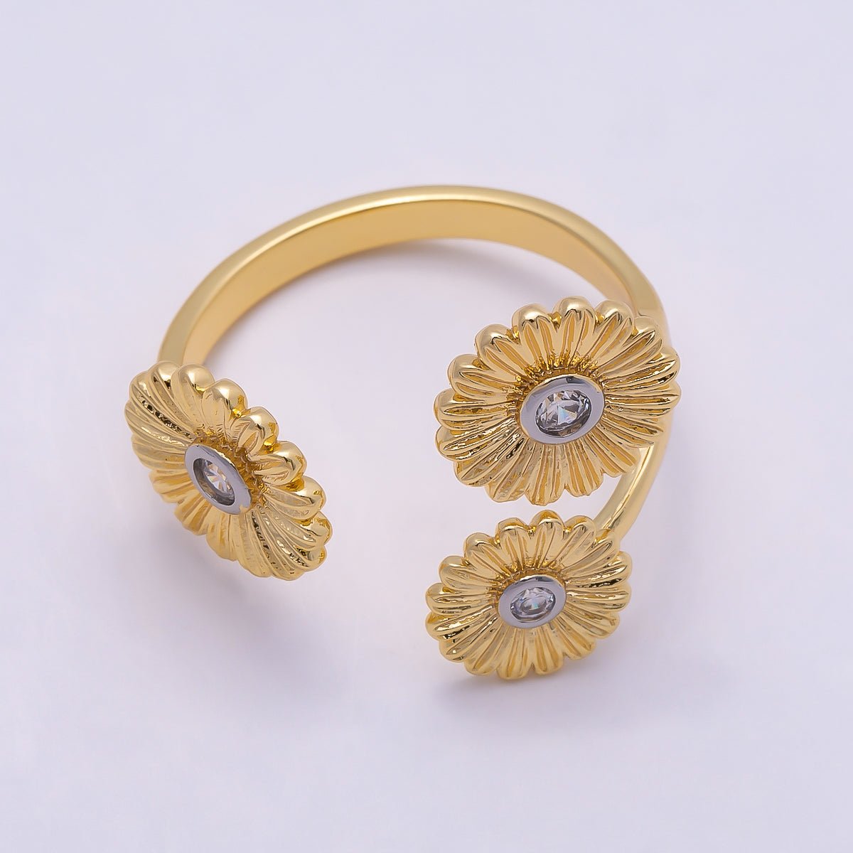 24K Gold Filled Clear CZ Triple Sunflower Mixed Metal Wrap Ring | Rings - 00108 - DLUXCA