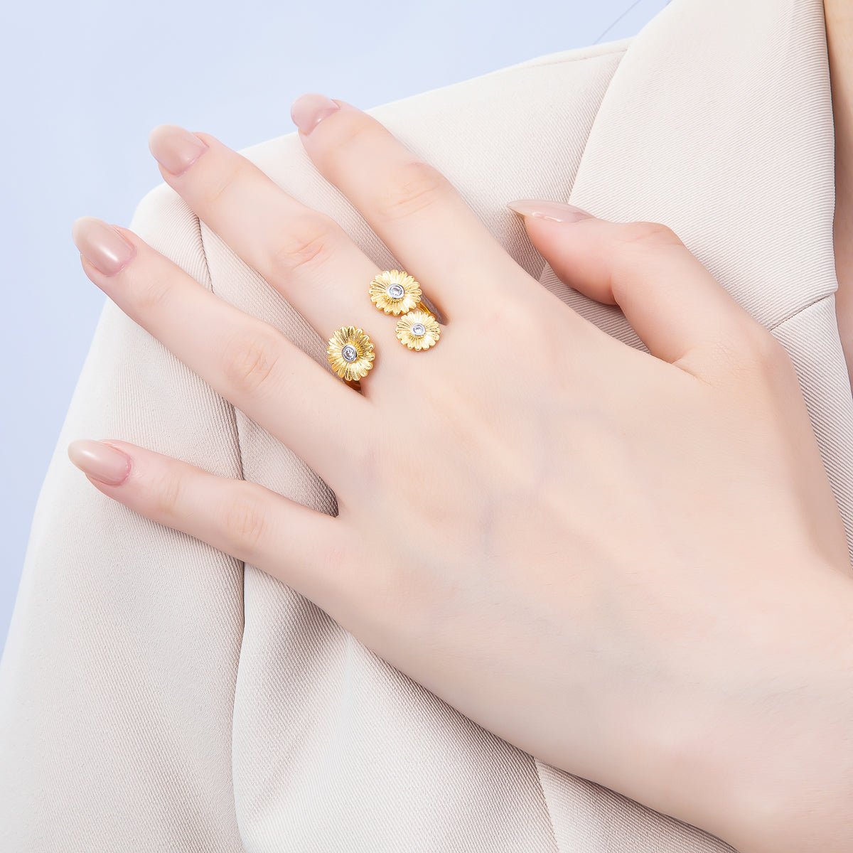 24K Gold Filled Clear CZ Triple Sunflower Mixed Metal Wrap Ring | Rings - 00108 - DLUXCA