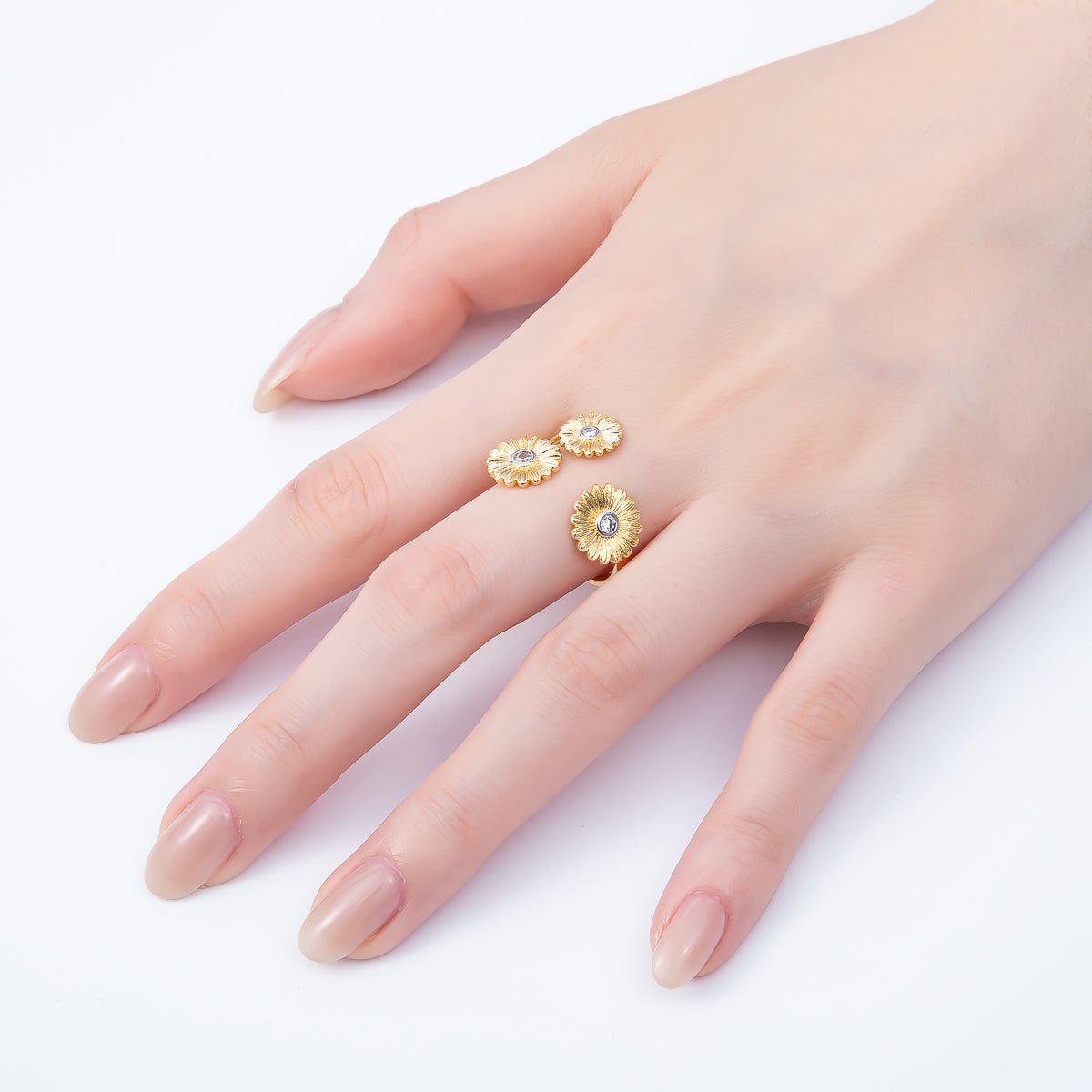 24K Gold Filled Clear CZ Triple Sunflower Mixed Metal Wrap Ring | Rings - 00108 - DLUXCA