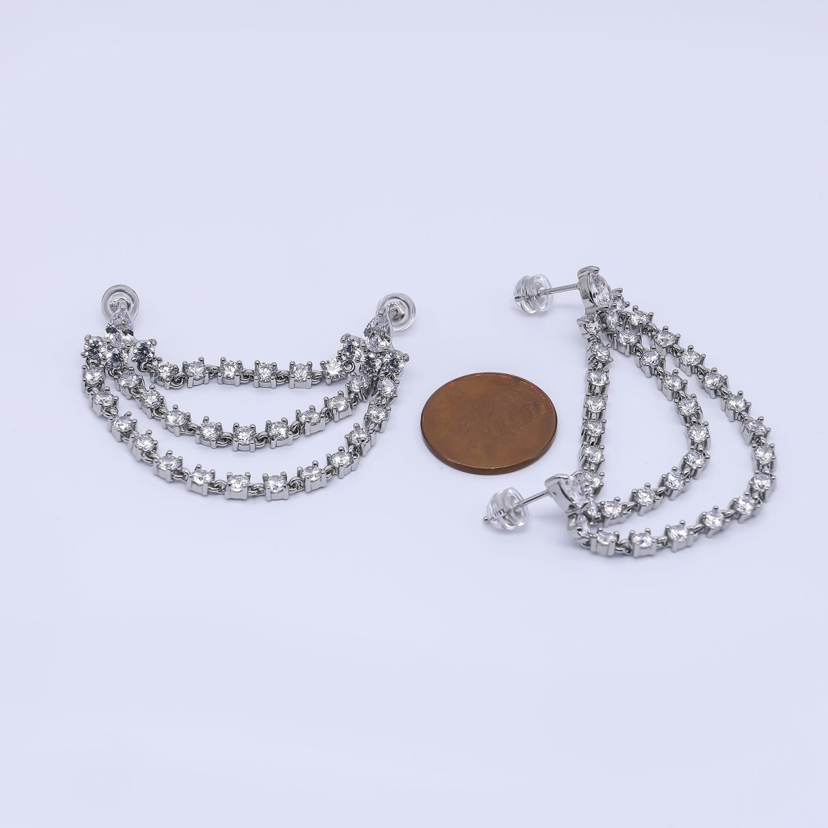 24K Gold Filled Clear CZ Triple Tennis Chain Drop Double Stud Earrings in Gold & Silver | V148 Q440 - DLUXCA