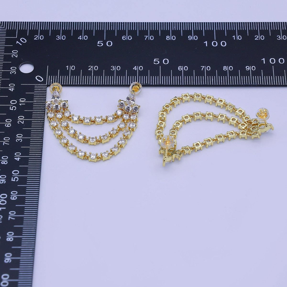 24K Gold Filled Clear CZ Triple Tennis Chain Drop Double Stud Earrings in Gold & Silver | V148 Q440 - DLUXCA