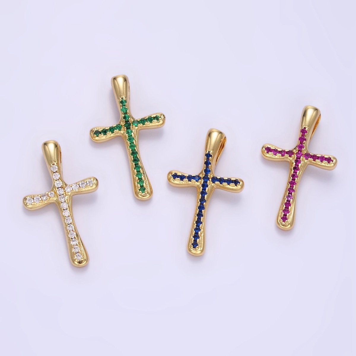 24K Gold Filled Clear, Fuchsia, Blue, Green Micro Paved CZ Molten Religious Cross Pendant | AA1343 - AA1344 - DLUXCA