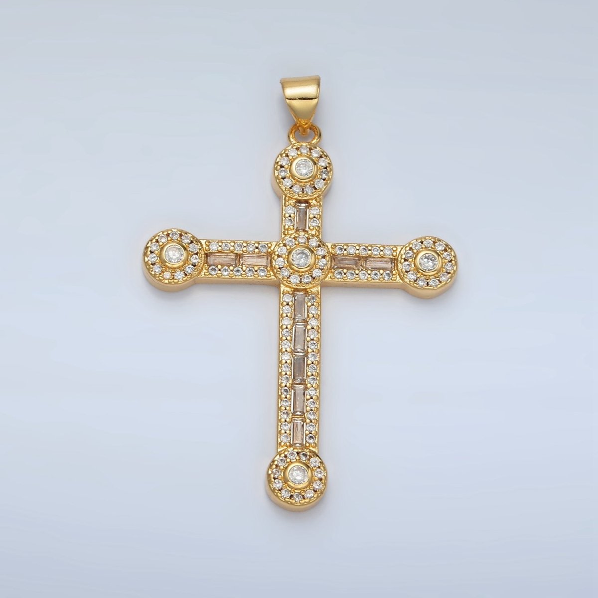 24K Gold Filled Clear, Fuchsia, Multicolor Baguette Micro Paved Round Religious Cross Pendant | I423 I424 - DLUXCA