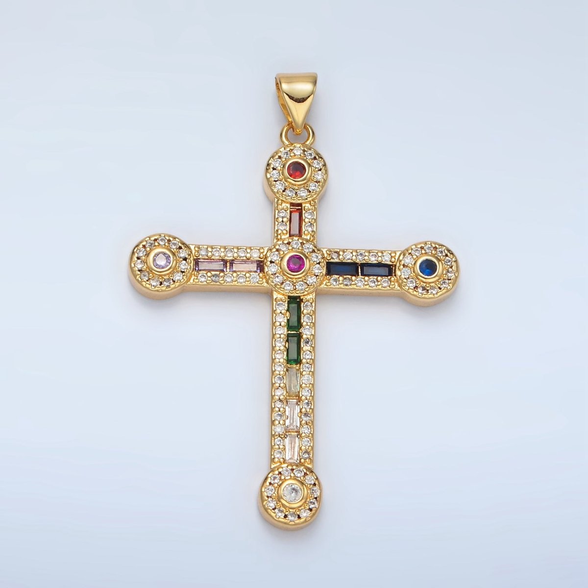 24K Gold Filled Clear, Fuchsia, Multicolor Baguette Micro Paved Round Religious Cross Pendant | I423 I424 - DLUXCA