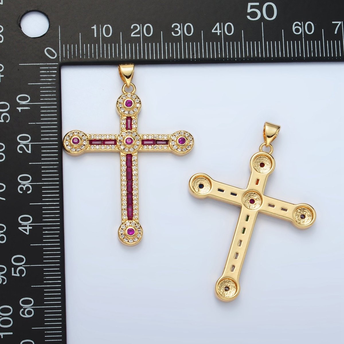 24K Gold Filled Clear, Fuchsia, Multicolor Baguette Micro Paved Round Religious Cross Pendant | I423 I424 - DLUXCA