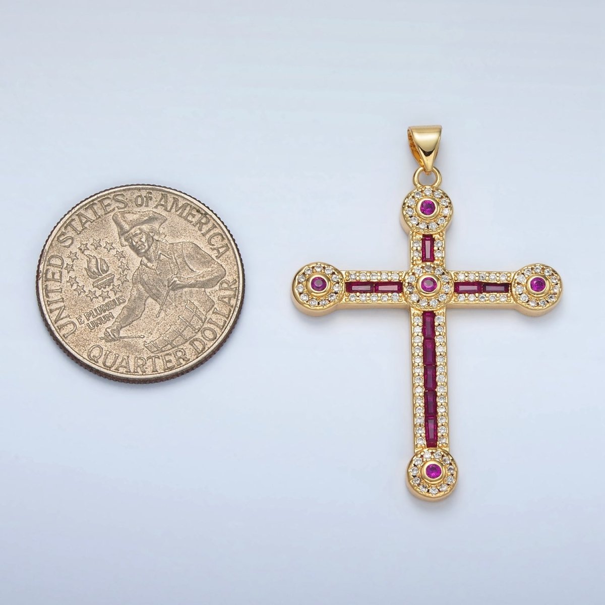 24K Gold Filled Clear, Fuchsia, Multicolor Baguette Micro Paved Round Religious Cross Pendant | I423 I424 - DLUXCA