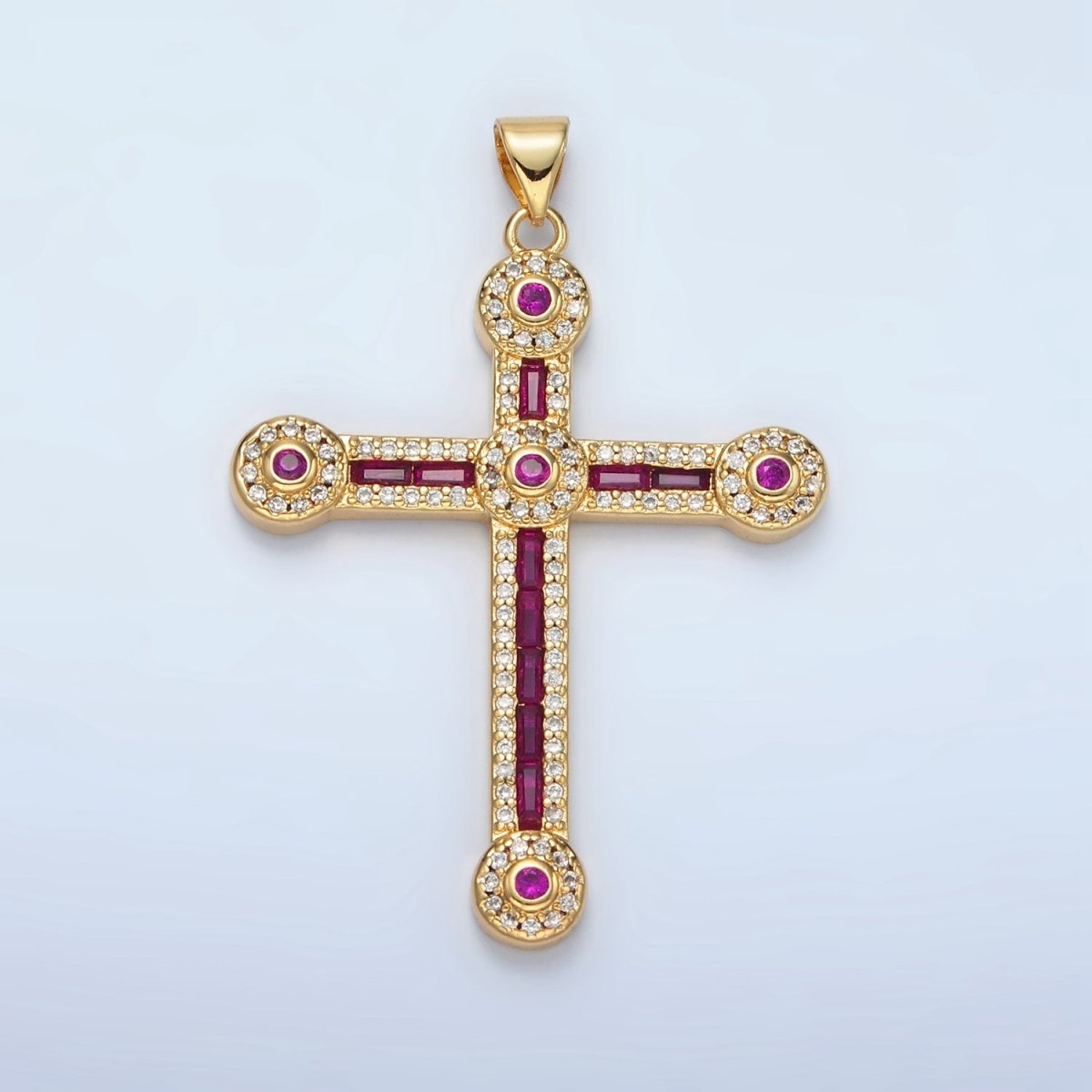 24K Gold Filled Clear, Fuchsia, Multicolor Baguette Micro Paved Round Religious Cross Pendant | I423 I424 - DLUXCA